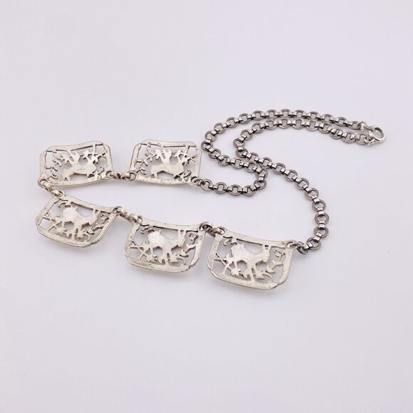 Mixed Metals Necklace Deer Panels Silver Plated n Copper Coro Design 17" Vintage - Picture 5 of 5